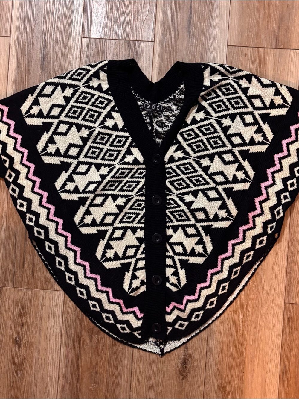 POL Black Cream and Pink Geometric Button-Front poncho Cape size M